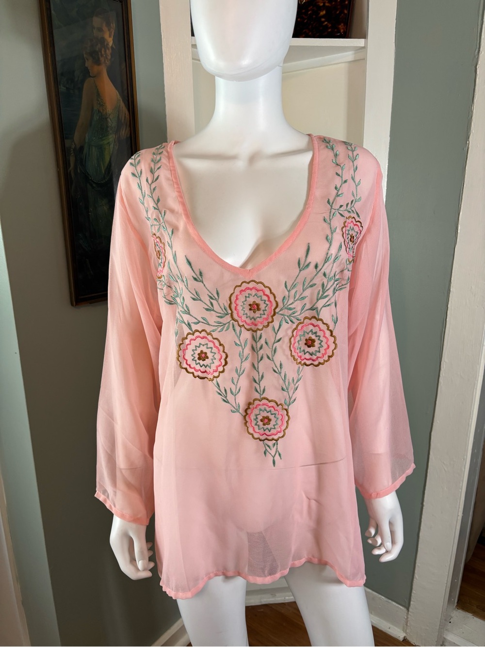 NEW Baba Clothing Light Pink Embroidered Floral Sheer Tunic Top Blouse XLarge XL